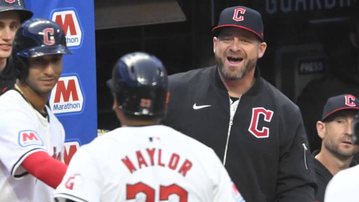Apr 10, 2024; Cleveland, Ohio, USA; Cleveland Guardians manager Stephen Vogt (12) reacts after a two-run home run by catcher Bo Naylor (23) in the fourth inning against the Chicago White Sox at Progressive Field. Mandatory Credit: David Richard-Imagn Images