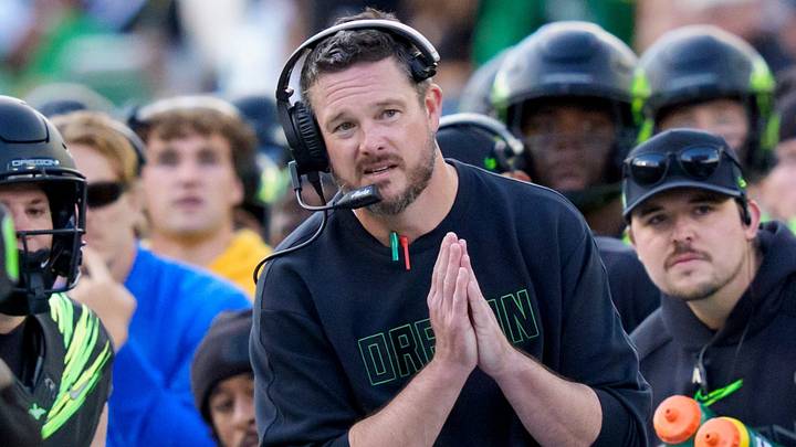 Oregon head coach Dan Lanning watches his final kickoff bounce down the sideline as the Oregon Ducks host the UCLA Bruins on Oct. 10, 2026, at Autzen Stadium in Eugene, Oregon. Oregon head coach Dan Lanning watches his final kickoff bounce down the sideline as the Oregon Ducks host the UCLA Bruins on Oct. 10, 2026, at Autzen Stadium in Eugene, Oregon.
