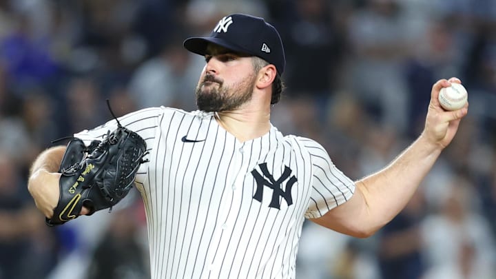 Oct 7, 2025; Bronx, New York, USA; New York Yankees starting pitcher Carlos Rodon (55) pitches against the Toronto Blue Jays in the first inning during game three of the ALDS round for the 2025 MLB playoffs at Yankee Stadium. Mandatory Credit: Wendell Cruz-Imagn Images Oct 7, 2025; Bronx, New York, USA; New York Yankees starting pitcher Carlos Rodon (55) pitches against the Toronto Blue Jays in the first inning during game three of the ALDS round for the 2025 MLB playoffs at Yankee Stadium. Mandatory Credit: Wendell Cruz-Imagn Images