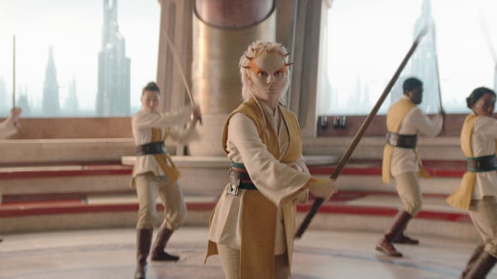 (Center): Jedi Padawan Jecki Lon (Dafne Keen) in Lucasfilm's THE ACOLYTE, exclusively on Disney+. ©2024 Lucasfilm Ltd. & TM. All Rights Reserved.