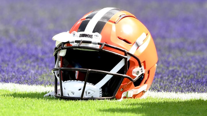 Sep 29, 2019; Baltimore, MD, USA;  A Cleveland Browns helmet on the field before a football game against the Baltimore Ravens at M&T Bank Stadium. Mandatory Credit: Mitchell Layton-Imagn Images