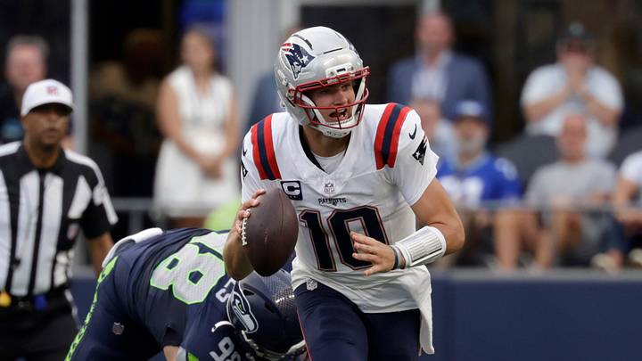 Sep 9, 2026; Seattle, Washington, USA;  New England Patriots quarterback Drake Maye (10) scrambles during the second quarter against the Seattle Seahawks at Lumen Field.  Mandatory Credit: Joe Nicholson-Imagn Images