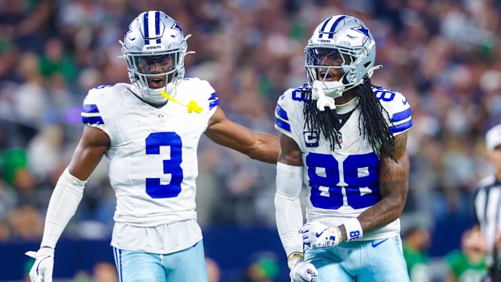 Dallas Cowboys wide receivers George Pickens and CeeDee Lamb react during the game against the Philadelphia Eagles.