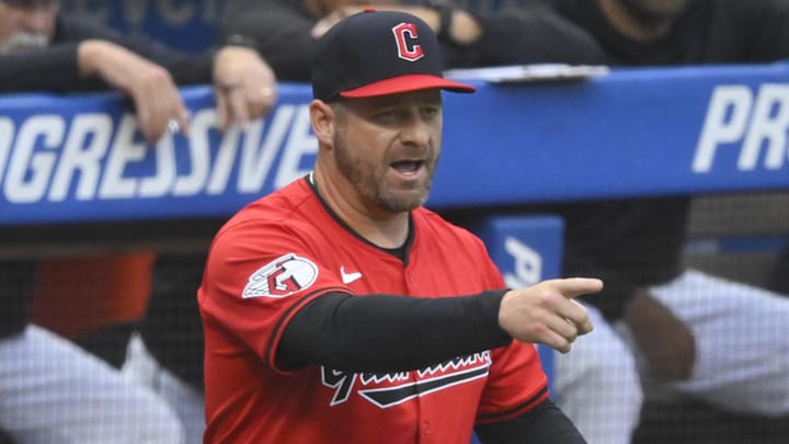 May 3, 2024; Cleveland, Ohio, USA; Cleveland Guardians manager Stephen Vogt (12) reacts in the second inning against the Los Angeles Angels at Progressive Field. Mandatory Credit: David Richard-Imagn Images May 3, 2024; Cleveland, Ohio, USA; Cleveland Guardians manager Stephen Vogt (12) reacts in the second inning against the Los Angeles Angels at Progressive Field. Mandatory Credit: David Richard-Imagn Images