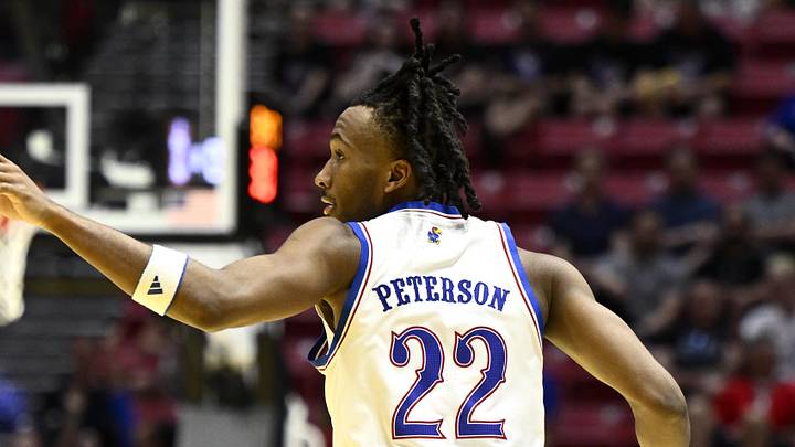 Mar 20, 2026; San Diego, CA, USA; Kansas Jayhawks guard Darryn Peterson (22) reacts in the second half against the California Baptist Lancers during a first round game of the men's 2026 NCAA Tournament at Viejas Arena. Mandatory Credit: Denis Poroy-Imagn Images Mar 20, 2026; San Diego, CA, USA; Kansas Jayhawks guard Darryn Peterson (22) reacts in the second half against the California Baptist Lancers during a first round game of the men's 2026 NCAA Tournament at Viejas Arena. Mandatory Credit: Denis Poroy-Imagn Images