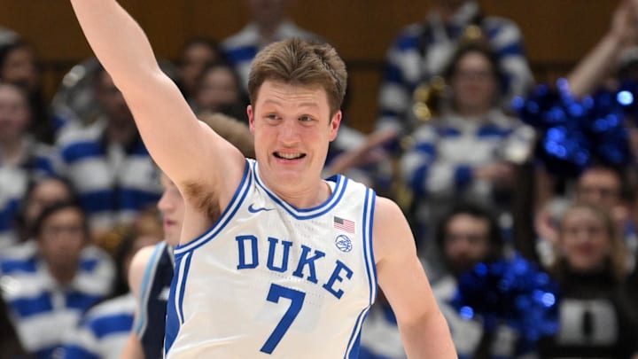 Nov 4, 2024; Durham, North Carolina, USA;  Duke Blue Devils guard Kon Knueppel (7) celebrates a basket against the Maine Black Bears during the first half at Cameron Indoor Stadium. Mandatory Credit: Zachary Taft-Imagn Images