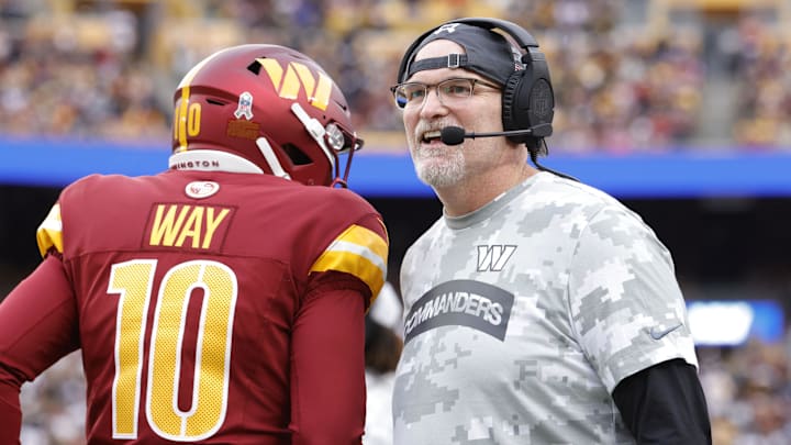 Nov 10, 2024; Landover, Maryland, USA; Washington Commanders head coach Dan Quinn looks on from the sidelines against the Pittsburgh Steelers during the second half at Northwest Stadium. Mandatory Credit: Amber Searls-Imagn Images
