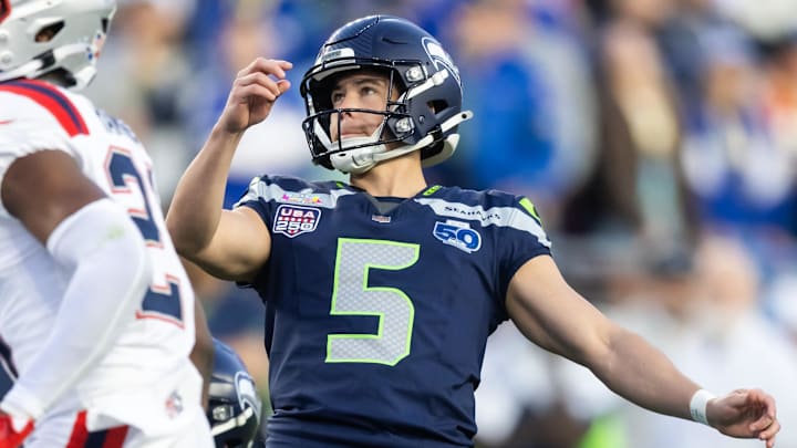 Feb 8, 2026; Santa Clara, CA, USA; Seattle Seahawks place kicker Jason Myers (5) kicks a field goal against the New England Patriots during the second quarter in Super Bowl LX at Levi's Stadium.