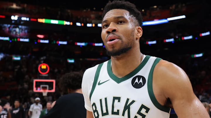 Mar 12, 2026; Miami, Florida, USA; Milwaukee Bucks forward Giannis Antetokounmpo (34) looks on after the game against the Miami Heat at Kaseya Center. Mandatory Credit: Sam Navarro-Imagn Images Mar 12, 2026; Miami, Florida, USA; Milwaukee Bucks forward Giannis Antetokounmpo (34) looks on after the game against the Miami Heat at Kaseya Center. Mandatory Credit: Sam Navarro-Imagn Images