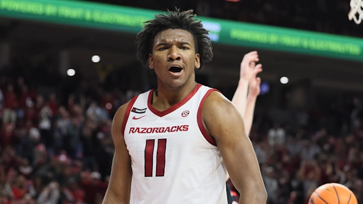 Arkansas Razorbacks forward Karter Knox (11) reacts after a play in the second half against the Georgia Bulldogs at Bud Walton Arena. Arkansas won 68-65.
