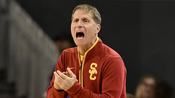 Feb 24, 2026; Los Angeles, California, USA; Southern California head coach Eric Musselman  communicates during the first half against the UCLA Bruins at Pauley Pavilion presented by Wescom Financial. Mandatory Credit: Robert Hanashiro-Imagn Images