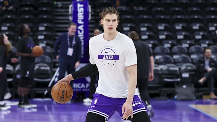 Jan 28, 2026; Salt Lake City, Utah, USA; Utah Jazz forward Lauri Markkanen (23) warms up before the game against the Golden State Warriors at Delta Center. Mandatory Credit: Rob Gray-Imagn Images