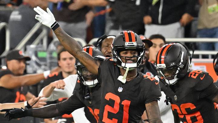 Oct 1, 2026; Cleveland, Ohio, USA;  Cleveland Browns cornerback Denzel Ward (21) reacts after making an interception in the first half at Huntington Bank Field.  Mandatory Credit: Ken Blaze-Imagn Images