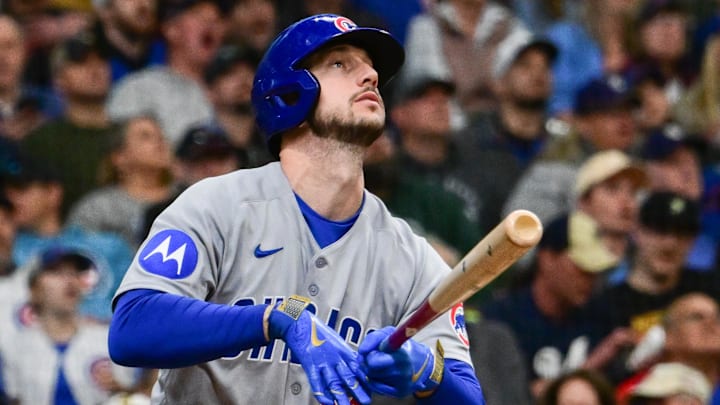 May 3, 2025; Milwaukee, Wisconsin, USA; Chicago Cubs right fielder Kyle Tucker (30) hits a solo home run in the fifth inning against the Milwaukee Brewers at American Family Field.