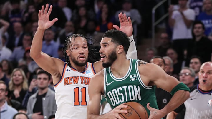 Oct 25, 2023; New York, New York, USA; Boston Celtics forward Jayson Tatum (0) is guarded by New York Knicks guard Jalen Brunson (11) while trying to make a pass in the fourth quarter at Madison Square Garden. Mandatory Credit: Wendell Cruz-Imagn Images