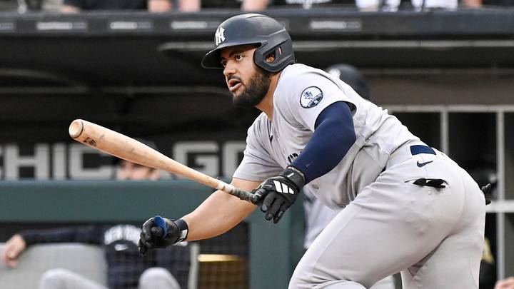 New York Yankees right fielder Jasson Domínguez (24) hits a single during the second inning against the Chicago White Sox at Rate Field. Mandatory Credit: Matt Marton-Imagn Images