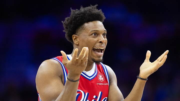 Philadelphia, Pennsylvania, USA; Philadelphia 76ers guard Kyle Lowry (7) reacts to a score against the Orlando Magic during the third quarter at Wells Fargo Center on April 12, 2024. Philadelphia, Pennsylvania, USA; Philadelphia 76ers guard Kyle Lowry (7) reacts to a score against the Orlando Magic during the third quarter at Wells Fargo Center on April 12, 2024.