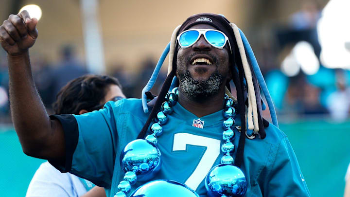 A Jaguars fan shows off his festive attire during the first quarter during an NFL football game at EverBank Stadium, Sunday, Dec. 14, 2025, in Jacksonville, Fla. [Doug Engle/Florida Times-Union]