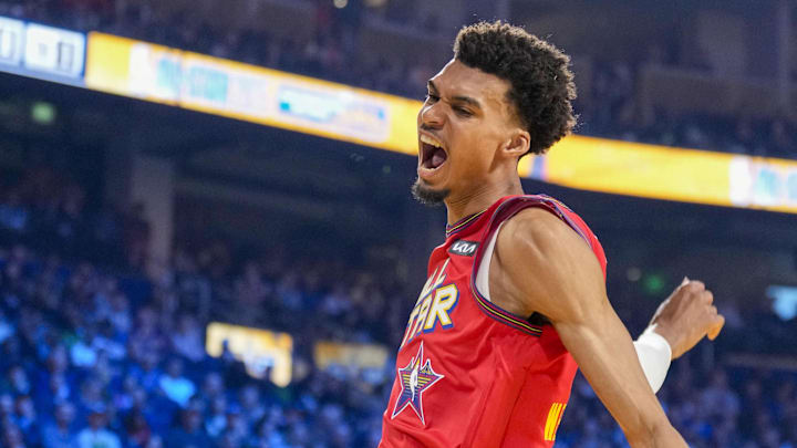 February 16, 2025; San Francisco, CA, USA; Chuck’s Global Stars forward Victor Wembanyama (1) of the San Antonio Spurs reacts in the game against Kenny’s Young Stars during the 2025 NBA All Star Game at Chase Center.