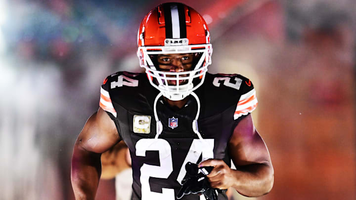 Nov 21, 2024; Cleveland, Ohio, USA; Cleveland Browns running back Nick Chubb (24) is introduced before the game between the Browns and the Pittsburgh Steelers at Huntington Bank Field. Mandatory Credit: Ken Blaze-Imagn Images