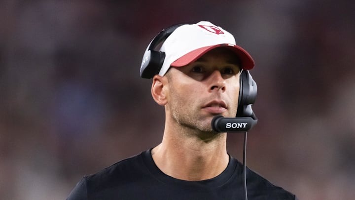 Aug 23, 2025; Glendale, Arizona, USA; Arizona Cardinals head coach Jonathan Gannon against the Las Vegas Raiders during a preseason NFL game at State Farm Stadium. Mandatory Credit: Mark J. Rebilas-Imagn Images