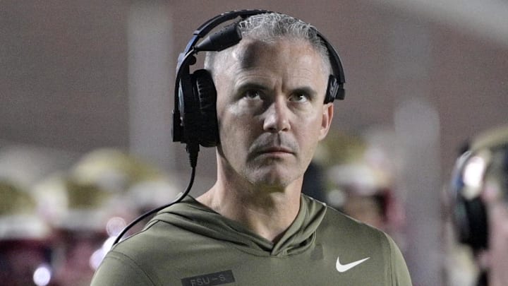 Nov 15, 2025; Tallahassee, Florida, USA; Florida State Seminoles head coach Mike Norvell during the second half against the Virginia Tech Hokies at Doak S. Campbell Stadium. Mandatory Credit: Melina Myers-Imagn Images