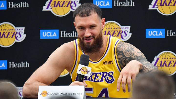 Sep 28, 2026; El Segundo, CA, USA; Los Angeles Lakers player Sandro Mamukelashvili (54) during media day at UCLA Health Training Center.  Mandatory Credit: Gary A. Vasquez-Imagn Images