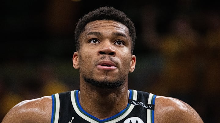 Apr 29, 2025; Indianapolis, Indiana, USA; Milwaukee Bucks forward Giannis Antetokounmpo (34) during game five of the first round for the 2024 NBA Playoffs against the Indiana Pacers at Gainbridge Fieldhouse. Mandatory Credit: Trevor Ruszkowski-Imagn Images