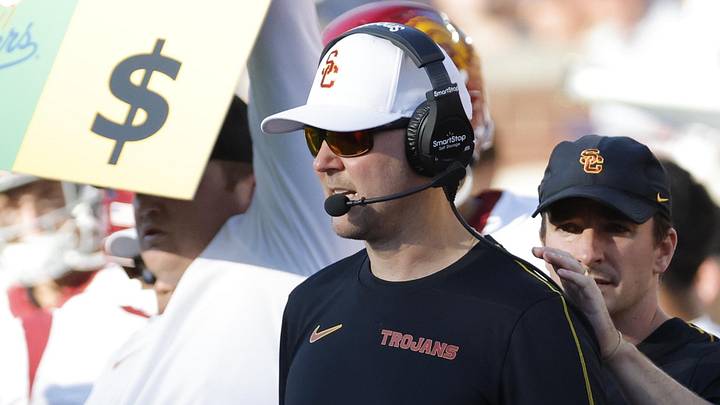 Sep 21, 2024; Ann Arbor, Michigan, USA;  USC Trojans head coach Lincoln Riley on the sideline in the second half against the Michigan Wolverines at Michigan Stadium. Mandatory Credit: Rick Osentoski-Imagn Images