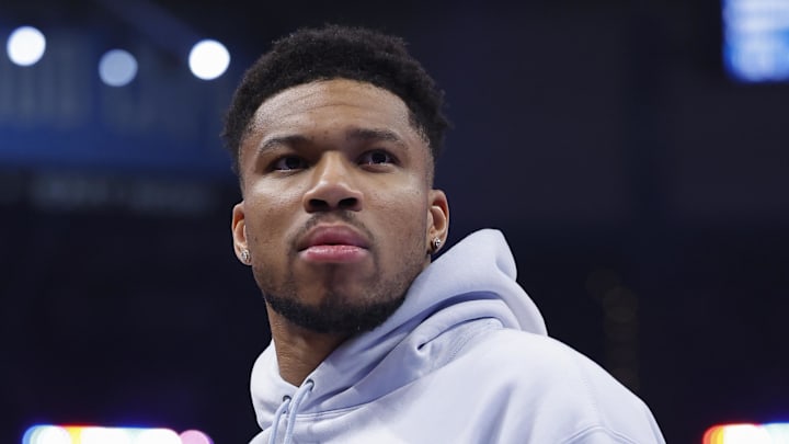 Milwaukee Bucks forward Giannis Antetokounmpo stands on the court during a team time out against the Oklahoma City Thunder during the second half at Paycom Center on February 12, 2026.