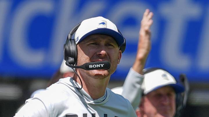 Aug 15, 2026; Orchard Park, New York, USA; Buffalo Bills head coach Joe Brady during the first half aginst the Carolina Panthers at New Highmark Stadium. Mandatory Credit: Gregory Fisher-Imagn Images