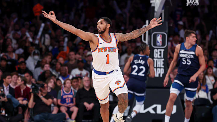 Oct 13, 2024; New York, New York, USA; New York Knicks guard Cameron Payne (1) reacts after a basket against the Minnesota Timberwolves during the second half at Madison Square Garden. Mandatory Credit: Vincent Carchietta-Imagn Images