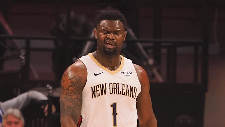 Feb 8, 2025; Sacramento, California, USA; New Orleans Pelicans forward Zion Williamson (1) reacts after a basket as a timeout is called during the first quarter against the Sacramento Kings at Golden 1 Center. Mandatory Credit: Kelley L Cox-Imagn Images