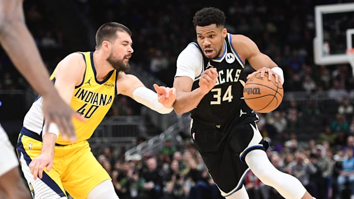 Mar 15, 2026; Milwaukee, Wisconsin, USA; Milwaukee Bucks forward Giannis Antetokounmpo (34) drives for the basket against Indiana Pacers center Ivica Zubac (40) in the first quarter at Fiserv Forum. Mandatory Credit: Benny Sieu-Imagn Images Mar 15, 2026; Milwaukee, Wisconsin, USA; Milwaukee Bucks forward Giannis Antetokounmpo (34) drives for the basket against Indiana Pacers center Ivica Zubac (40) in the first quarter at Fiserv Forum. Mandatory Credit: Benny Sieu-Imagn Images