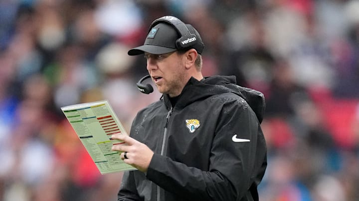 Oct 19, 2025; London, United Kingdom; Jacksonville Jaguars head coach Liam Coen looks on against the Los Angeles Rams during the first half of an NFL International Series game at Wembley Stadium. Mandatory Credit: Kirby Lee-Imagn Images