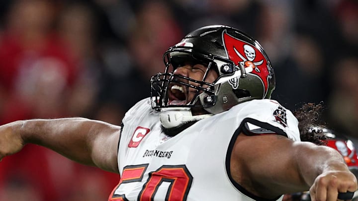 Jan 16, 2023; Tampa, Florida, USA; Tampa Bay Buccaneers defensive tackle Vita Vea (50) reacts after making a sack on Dallas Cowboys quarterback Dak Prescott (not pictured) in the first half during the wild card game at Raymond James Stadium. Mandatory Credit: Nathan Ray Seebeck-Imagn Images