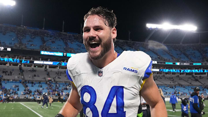 Jan 10, 2026; Charlotte, NC, USA; Los Angeles Rams tight end Colby Parkinson (84) reacts after the game against the Carolina Panthers in the NFC Wild Card Round game at Bank of America Stadium. Mandatory Credit: Bob Donnan-Imagn Images Jan 10, 2026; Charlotte, NC, USA; Los Angeles Rams tight end Colby Parkinson (84) reacts after the game against the Carolina Panthers in the NFC Wild Card Round game at Bank of America Stadium. Mandatory Credit: Bob Donnan-Imagn Images