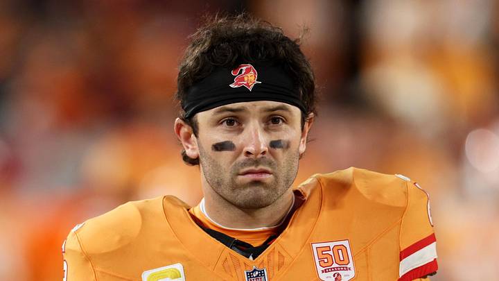 Dec 11, 2025; Tampa, Florida, USA; Tampa Bay Buccaneers quarterback Baker Mayfield (6) looks on against the Atlanta Falcons during the fourth quarter at Raymond James Stadium. Mandatory Credit: Nathan Ray Seebeck-Imagn Images