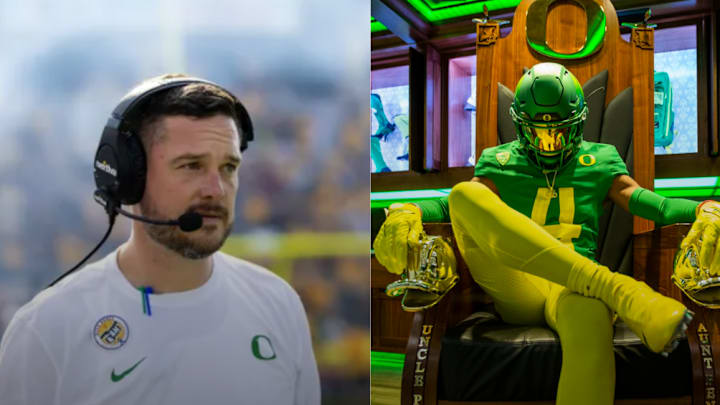 Oregon Ducks coach Dan Lanning, receiver Dakorien Moore Oregon Ducks coach Dan Lanning, receiver Dakorien Moore