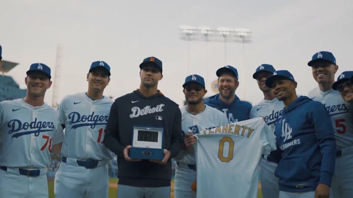 Former Dodger and current Tigers pitcher Flaherty is presented with his World Series ring. Former Dodger and current Tigers pitcher Flaherty is presented with his World Series ring.