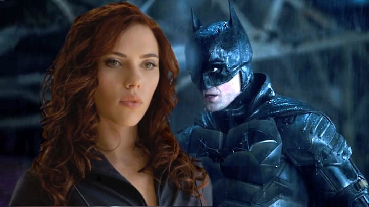 Scarlett Johansson as Black Widow in Marvel Studios' Iron Man 2 and Robert Pattinson in The Batman.