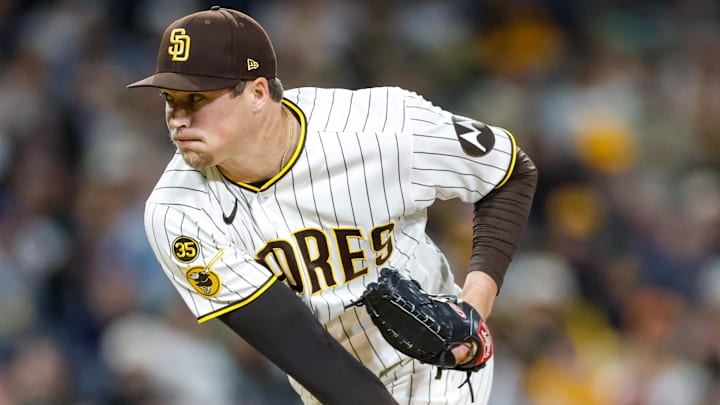 Apr 14, 2026; San Diego, California, USA; San Diego Padres relief pitcher Mason Miller (22) throws a pitch during the ninth inning against the Seattle Mariners at Petco Park. Mandatory Credit: David Frerker-Imagn Images