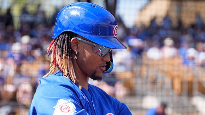 Feb 28, 2026; Phoenix, Arizona, USA; Chicago Cubs designated hitter Kevin Alcantara (13) prepared for his at bat in the first inning of a spring training game against the Los Angeles Dodgers at Camelback Ranch-Glendale. Mandatory Credit: Allan Henry-Imagn Images
