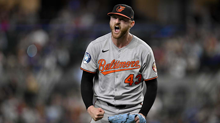 Baltimore Orioles relief pitcher Bryan Baker (43) celebrates after pitching against the Texas Rangers during the eighth inning at Globe Life Field. Baltimore Orioles relief pitcher Bryan Baker (43) celebrates after pitching against the Texas Rangers during the eighth inning at Globe Life Field.
