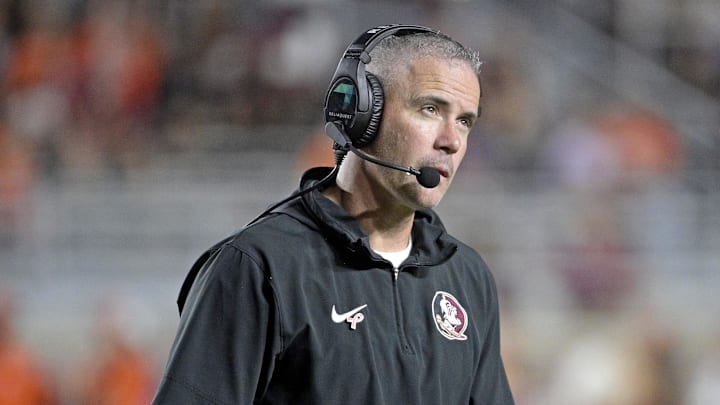Oct 5, 2024; Tallahassee, Florida, USA; Florida State Seminoles head coach Mike Norvell looks on during the second half against the Clemson Tigers at Doak S. Campbell Stadium. Mandatory Credit: Melina Myers-Imagn Images