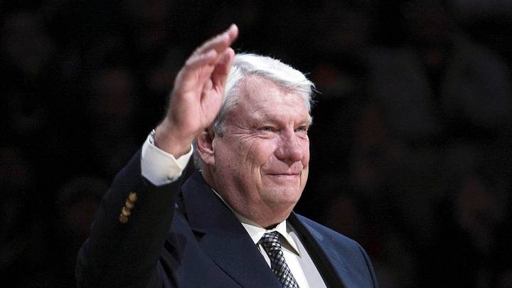 Golden State Warriors former coach Don Nelson waves to fans during the halftime ceremony to retire the #17 jersey of Chris Mullin at Oracle Arena on March 19, 2012.