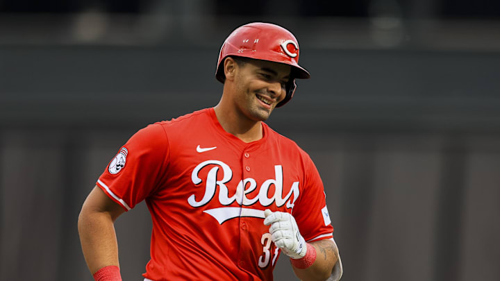 Mar 29, 2025; Cincinnati, Ohio, USA; Cincinnati Reds first baseman Christian Encarnacion-Strand (33) runs the bases after hitting a solo home run in the sixth inning against the San Francisco Giants at Great American Ball Park. Mandatory Credit: Katie Stratman-Imagn Images
