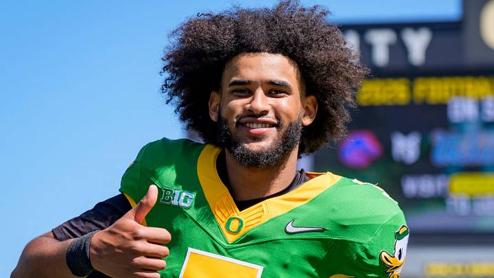 Oregon quarterback Dante Moore walks off the field during the Oregon Ducks annual spring game on April 25, 2026 at Autzen Stadium in Eugene, Oregon. Oregon quarterback Dante Moore walks off the field during the Oregon Ducks annual spring game on April 25, 2026 at Autzen Stadium in Eugene, Oregon.