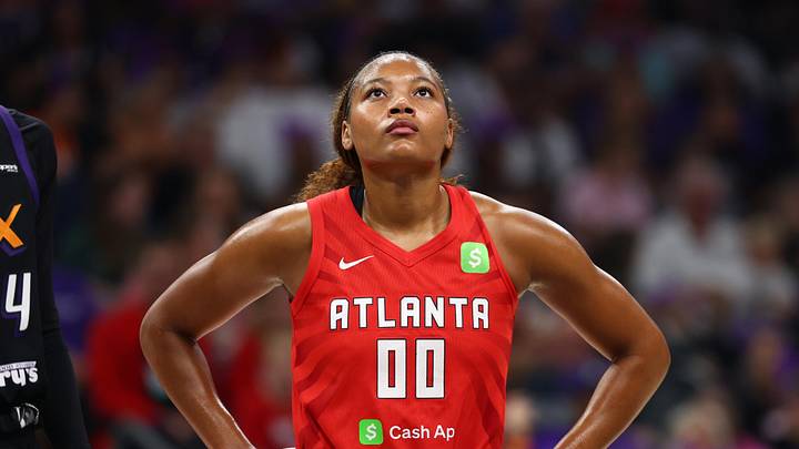 Aug 10, 2025; Phoenix, Arizona, USA; Atlanta Dream forward Naz Hillmon (00) against the Phoenix Mercury at PHX Arena. Mandatory Credit: Mark J. Rebilas-Imagn Images