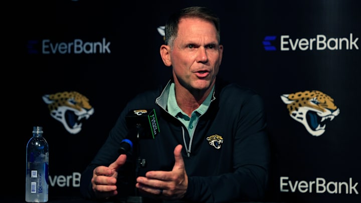 Jacksonville Jaguars general manager Trent Baalke speaks during a press conference Friday, April 26, 2024 at EverBank Stadium’s Miller Electric Center in Jacksonville, Fla. Jacksonville Jaguars selected LSU’s wide receiver Brian Thomas Jr. as the 23rd overall pick in last night’s NFL Draft. [Corey Perrine/Florida Times-Union]